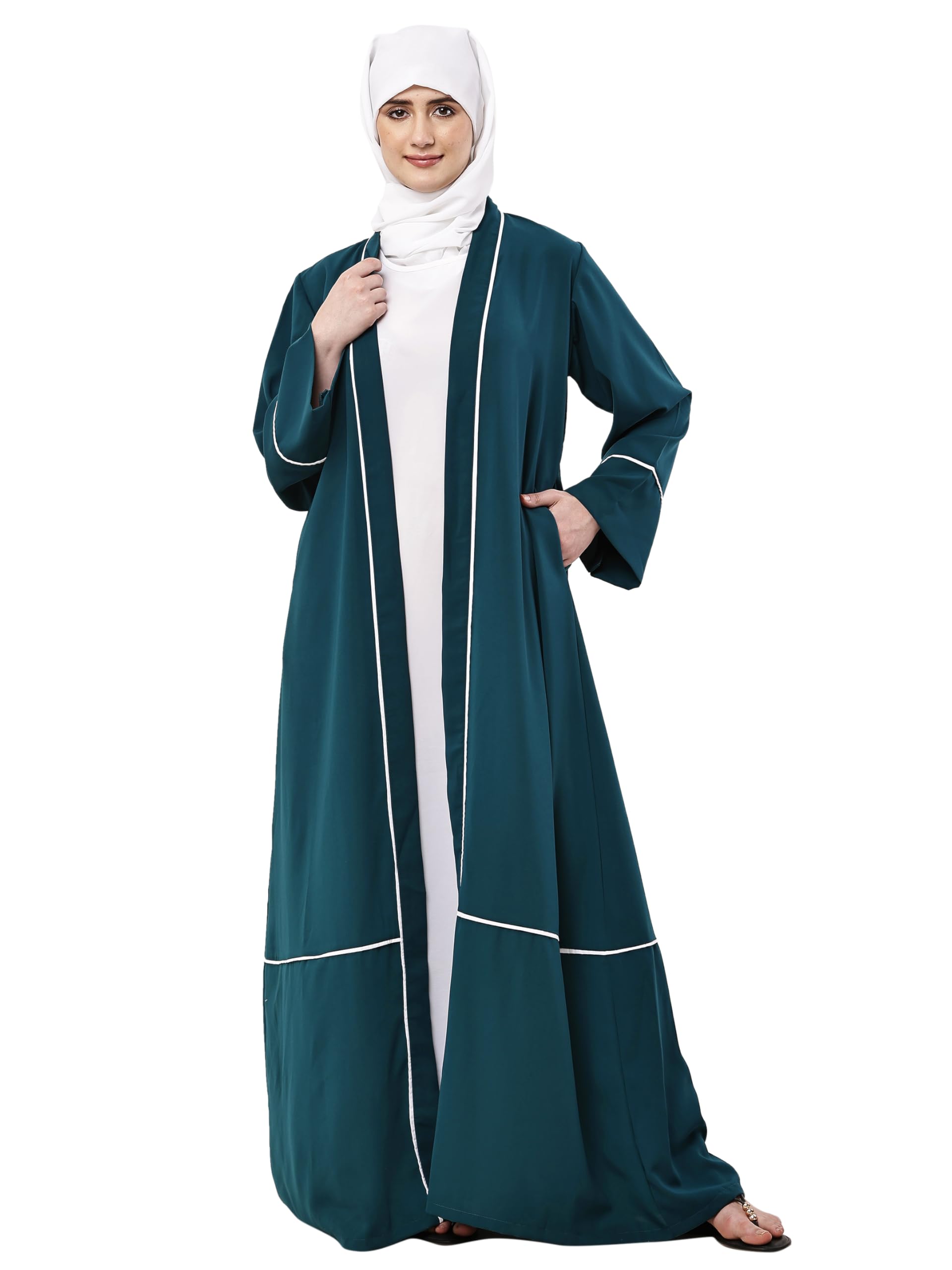 Women’s 2 Piece Abaya Set with Inner Dress & Front Open Shrug | Nida Mat Fabric Long Sleeve with Side Pockets | Modest Wear for Girls & Ladies | Includes 2 Hijabs (Black & White)-picture-12