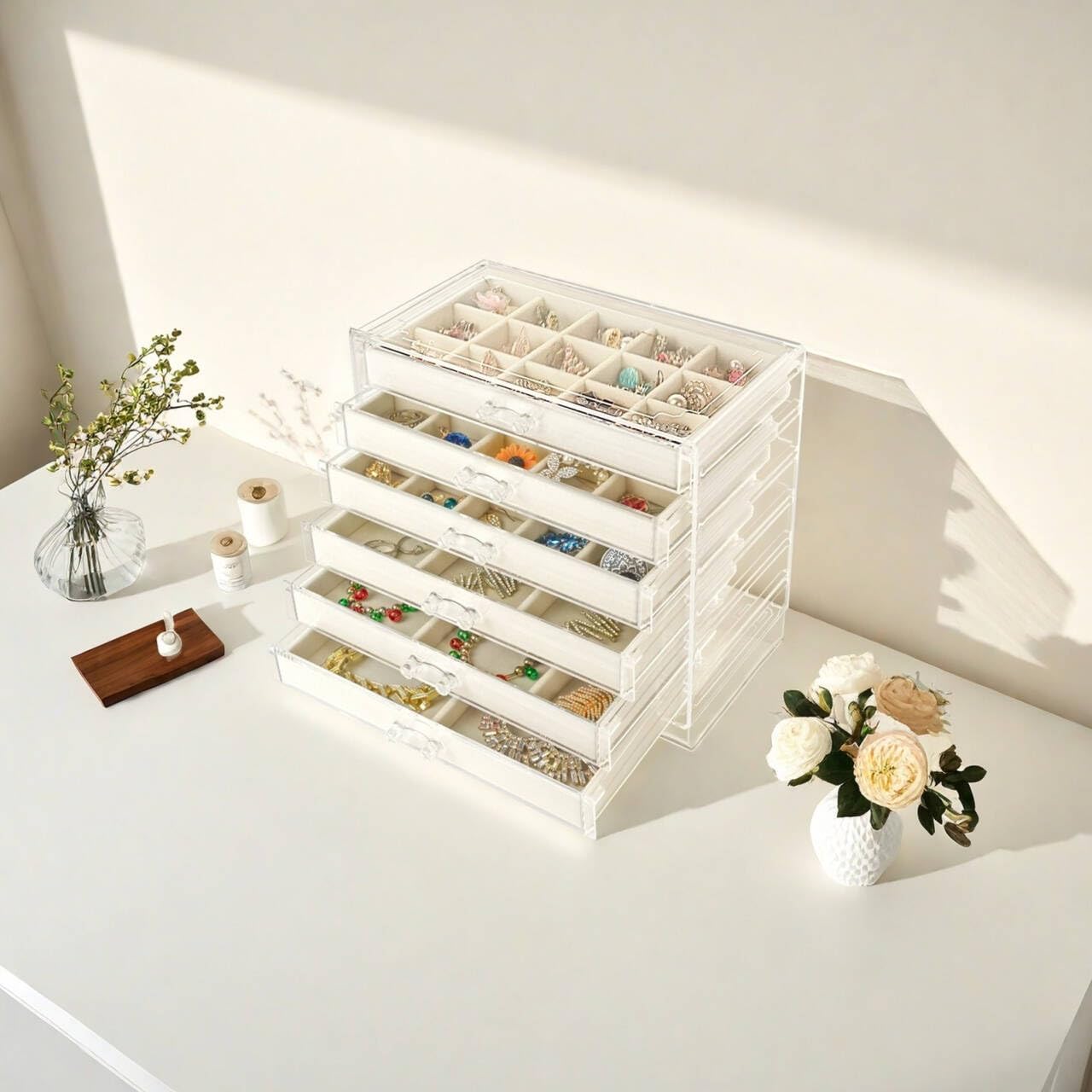 Watpot Acryl-Schmuckschatulle mit 6 Schubladen, transparente Ohrring-Aufbewahrungsbox, Vitrine für Damen und Mädchen, Beige