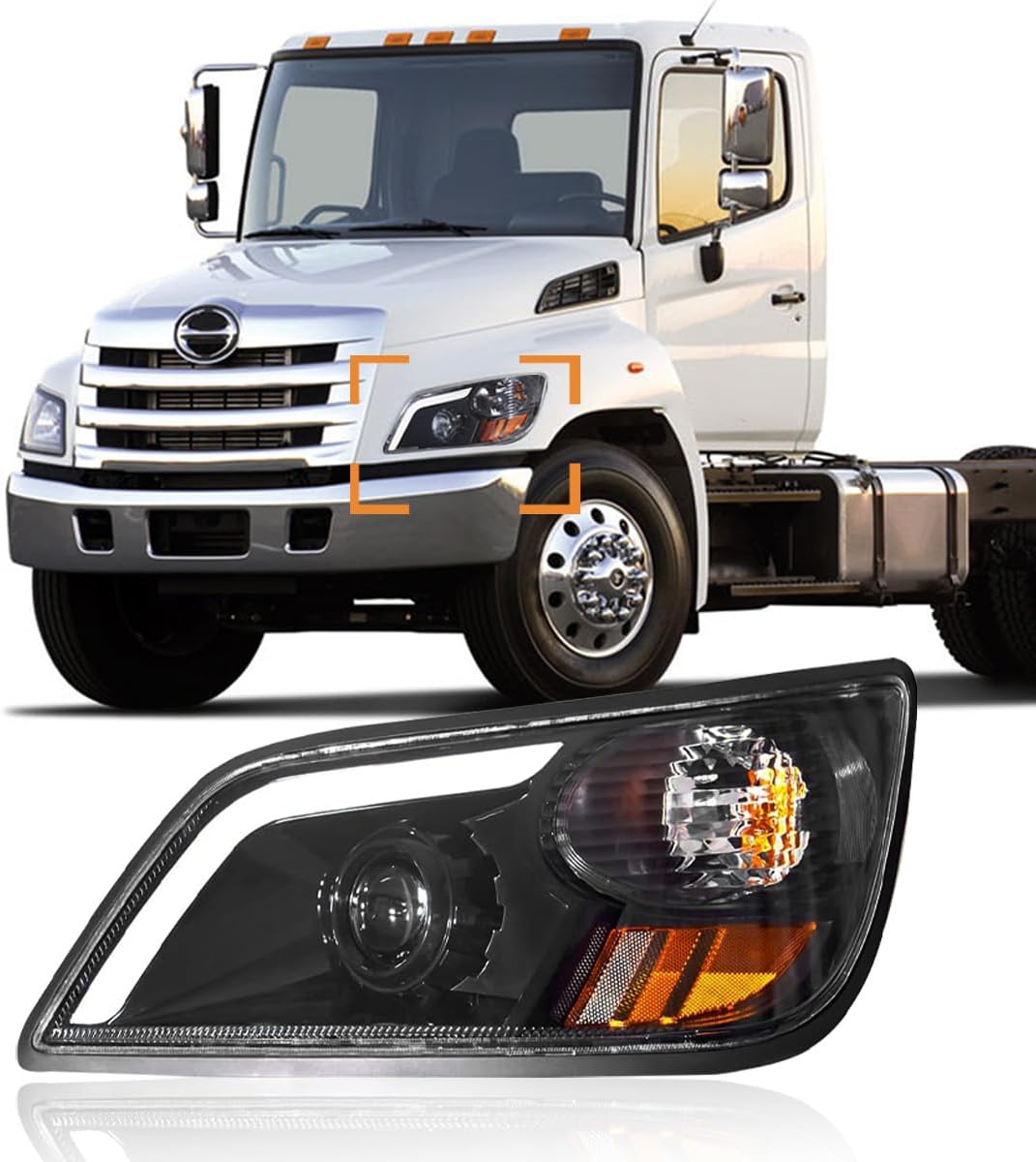 Headlight Assembly fit for 2011+ Hino 238 258 268 338 Truck Left Driver Side Black Housing Headlamp (LED Lens) Black LED Left