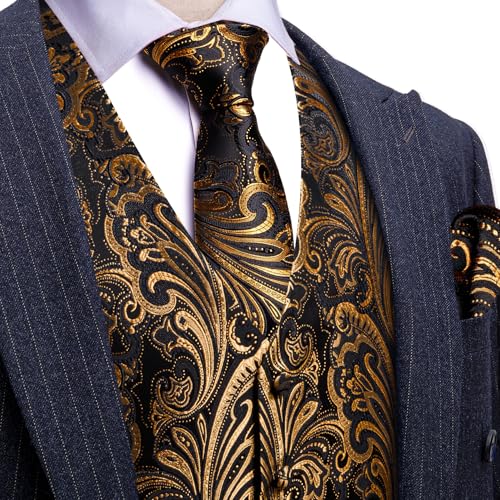 Image of Barry.Wang Men's Suit Vest Tie Bowtie Set Formal Silk Paisley Waistcoat Hanky Cufflinks Lapel Pin Set Wedding Party 7PCS