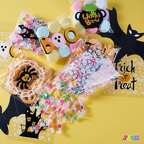 Image of JOYIN 150 PCS Halloween Cellophane Treat Bags, Self Adhesive Clear Cookie and Candy Bags for Kids Trick or Treating, Small Goodie Gift Ziplock Bag Bulk for Halloween Party Favors Supplies in 6 Designs