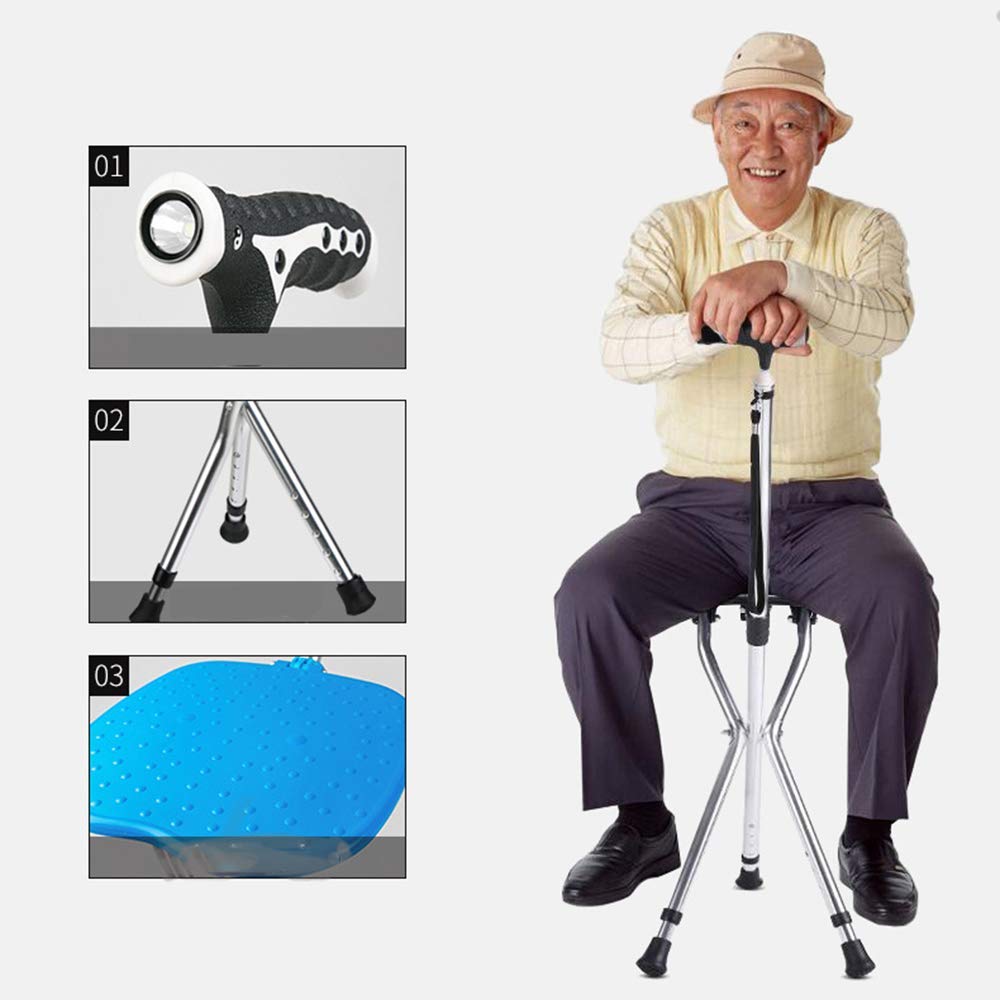 Asiento plegable para bastón con luz LED, altura ajustable para ancianos, silla ligera de bastón para personas mayores con discapacidades, muleta portátil para viajes al aire libre y descanso