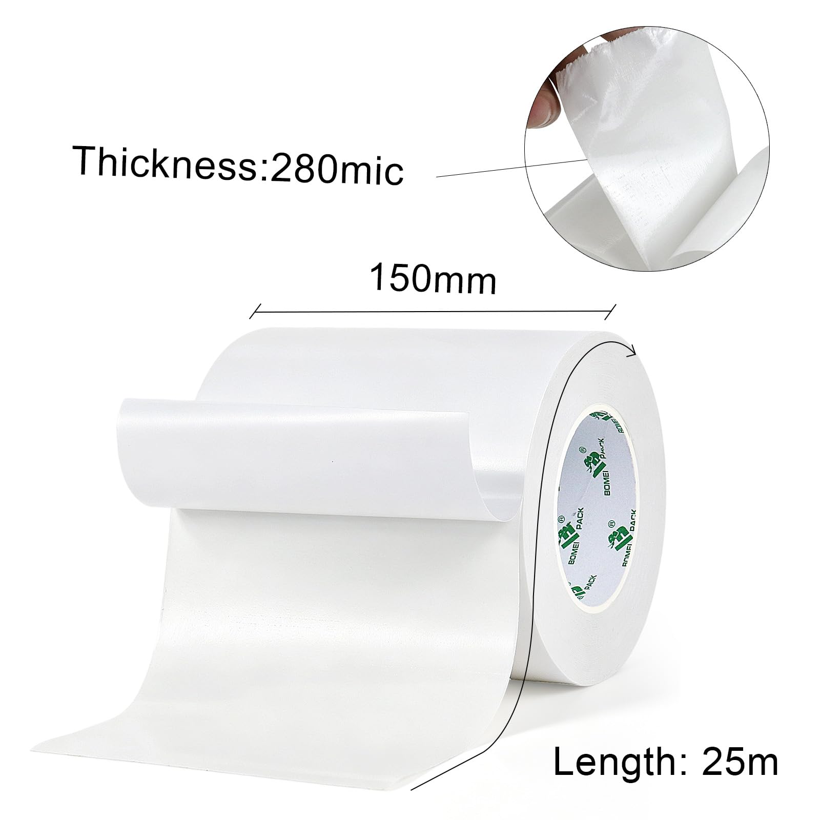 BOMEI PACK Ruban adhésif double face pour moquette - Blanc - 150 mm x 25 m - Adhésif extra large pour tapis, planchers en bois dur, carrelage et béton - Solide et amovible - Sans résidus