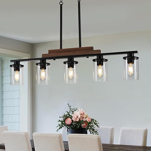Miniatura 9 de Luces colgantes para isla de cocina, candelabros de granja de 4 luces para comedor, candelabro lineal negro con pantallas de vidrio transparente,