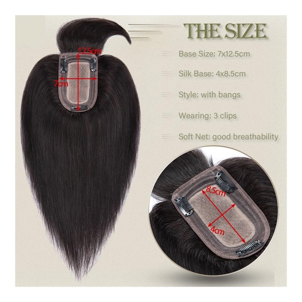 Topper for capelli umani con frangia for donna, clip for parrucche | Base 7x12,5 cm,traspirante，for capelli diradati capelli grigi donne posticci for aggiungere volume(14 inches,GREY)