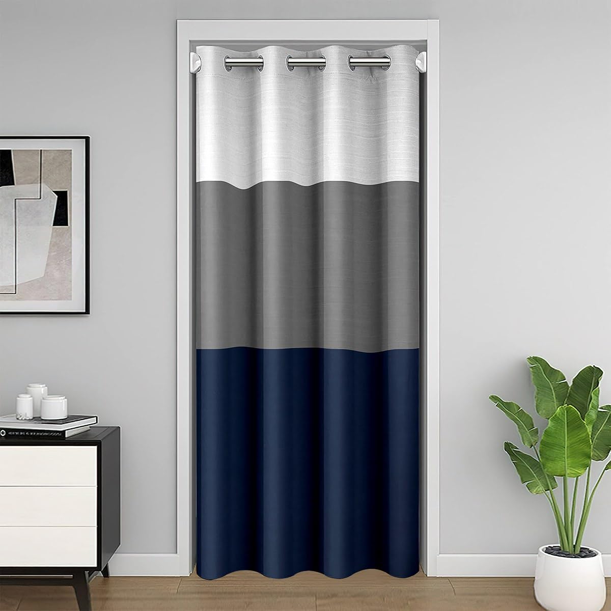 Ombre Beige Grey Navy Blue Stripes Door Curtain for Doorway Privacy Geometric Darkening Blackout Curtain 106x203cm Modern Striped Closet Door Cover Curtain for Living Room Decor Abstract