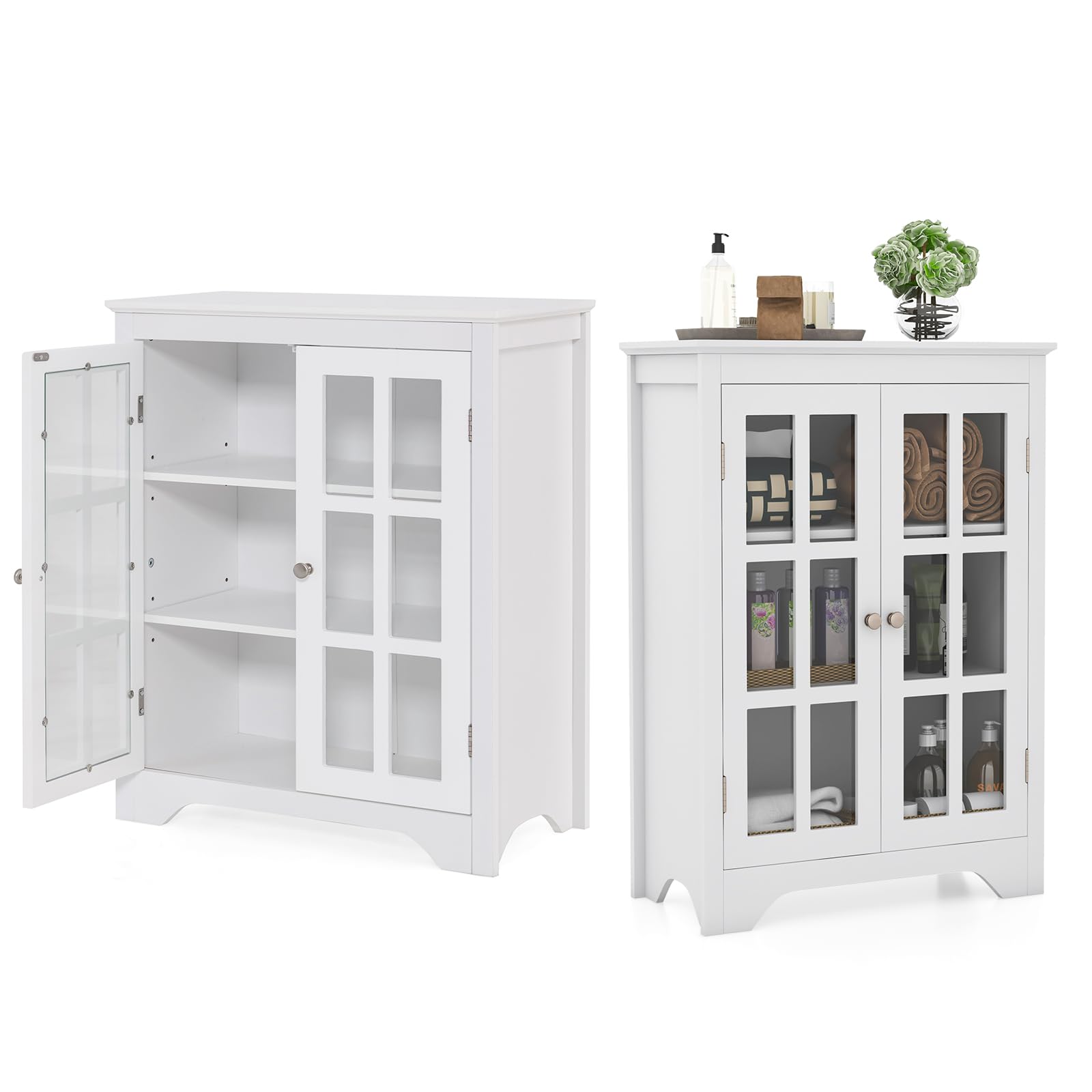 KOMFOTTEU Witryna mała, biała, szafka szklana z 2 regulowanymi półkami, szafka szklana, szafka wielofunkcyjna, 60 x 30 x 80 cm, witryna szklana, szafa do przechowywania do kuchni, salonu, biura