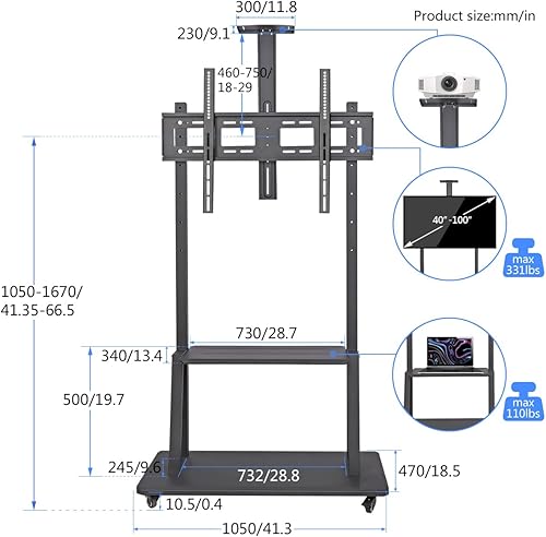 Miniatura 2 de Suptek Soporte de suelo móvil para televisores de 40 a 100 pulgadas y pantallas LCD LED Max 900 x 600 VESA Base grande ajustable de altura (ML1800B)
