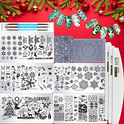 Christmas Snowflakes Nail Stamper Kit 5 PCS Stamping Plates 1 Double Headed Stamper 2 Scraper（Random Pattern One Big and One Small）3Nail File DIY Stainless Steel Nail Image Template Kit Manicure Tools