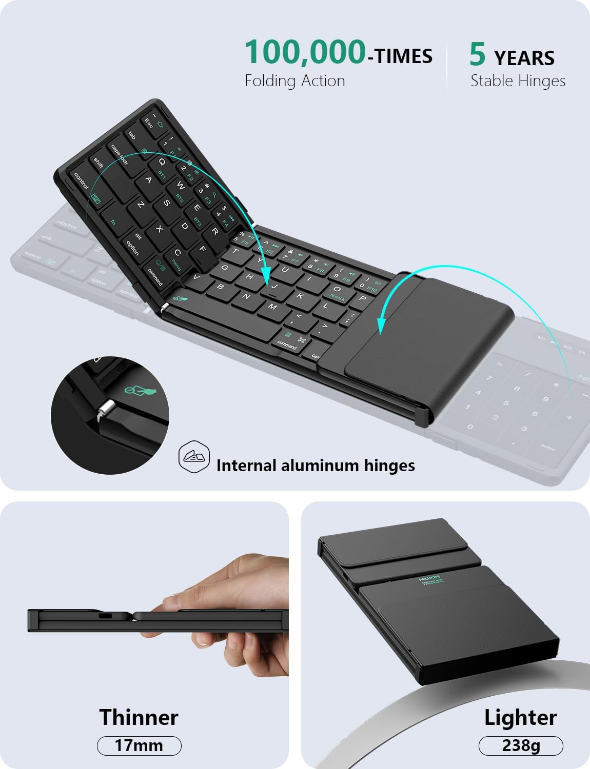 Nillkin Foldable Bluetooth Keyboard with Touchpad & Number Pad, Portable Bluetooth Keyboard with Full Size Keys, Pocket-Sized Wireless Travel Keyboards for iPad, Smartphone, Tablet and Laptop Black - Image 5