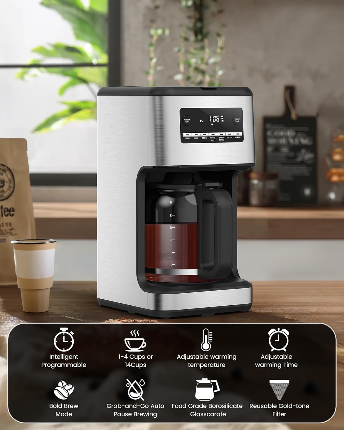 COWSAR 14-Cup Programmable Coffee Maker with feature callouts
