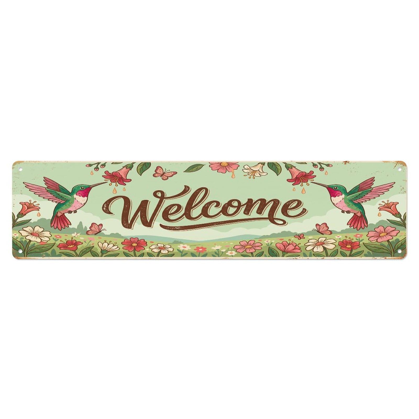 Olhnbad 4X16inch(10X40cm) Vintage Welcome Hummingbird Nectar Metal Tin Sign