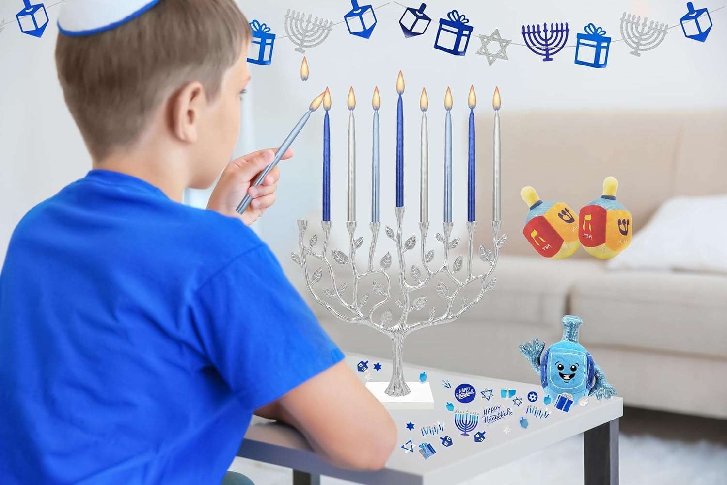 The Dreidel Company 5-Pack Metallic Multi Blue & Silver Hanukkah Candles 1-Hour Burn Time Premium Tapered Hand Decorated Chanuka Candles, 45 Candles for All Eight Nights of Hanukkah