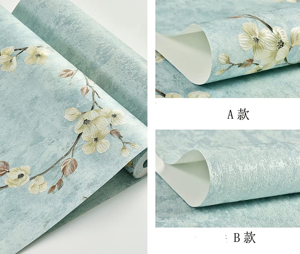 Q QIHANG 1.73' W x 32.8'L 3D Flower Tree Country Pastoral Retro Vintage Style Bedroom Living Room TV Background Non-Woven Non-Pasted Wallpaper (Light Blue)