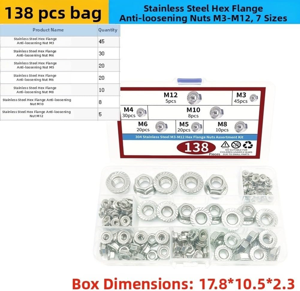138PCS 304 Steel Hex Flange Nuts Kit M5 M6 M8 M10, DIN 6923 Serrated Assortment Set Secure Anti-Slip Fastening in Home Garden