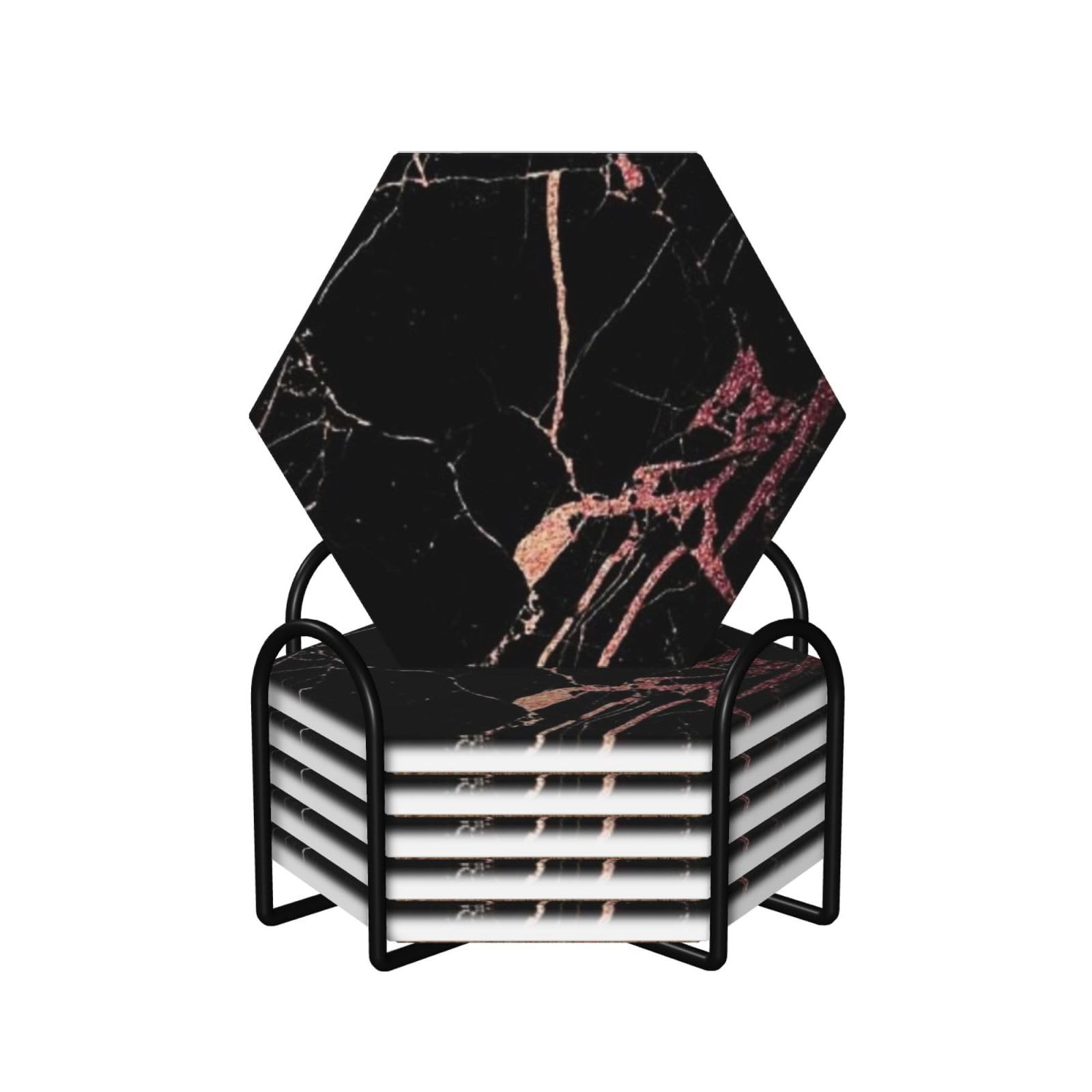Wksgdsg Hexagon Ceramic Coaster Set Of 6 Black Rose Gold Marble Coasters For Drinks With Cork Base And Metal Holder Absorbent Anti Slip Coasters For Coffee Table Room Bar Home Decor Housewarming Gifts