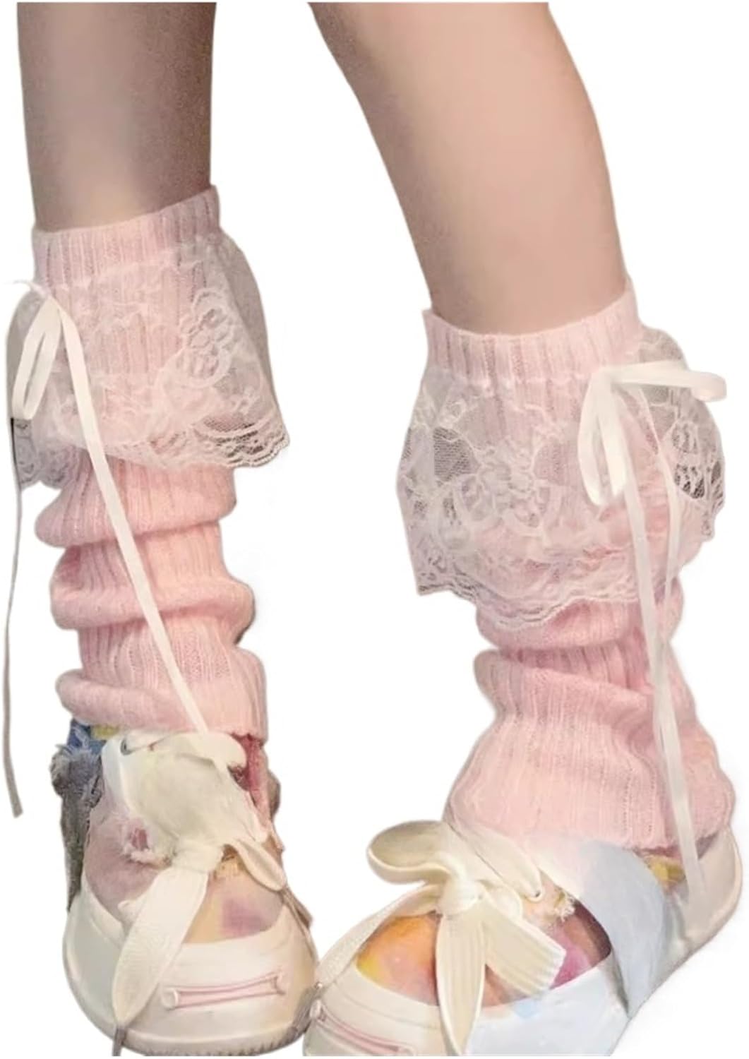 Woman Leg Warmers Autumn And Winter Ribbon Lolita Black Knee Long Socks JK Knitted White
