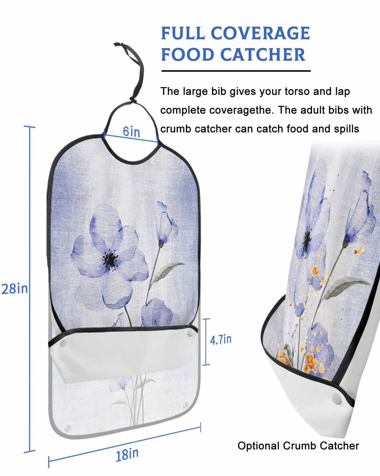 LEOKOTI Purple Spring Floral Adult Bibs for Eating, Waterproof Bibs with Food Catcher & Adjustable Snap Closure, Vintage Elegant Summer Botanical Washable Clothing Protectors Adult Bibs for Elderly