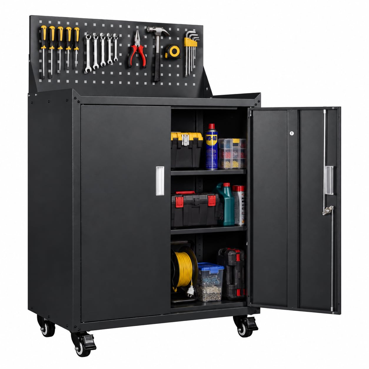 3FlexHome Metal Tool Cabinet with Wheels & Pegboard, 2-Door Rolling Garage Storage Cupboard with Drawer, Lockable Steel Tool Chest Trolley for Workshop, Home Office & Tool Storage