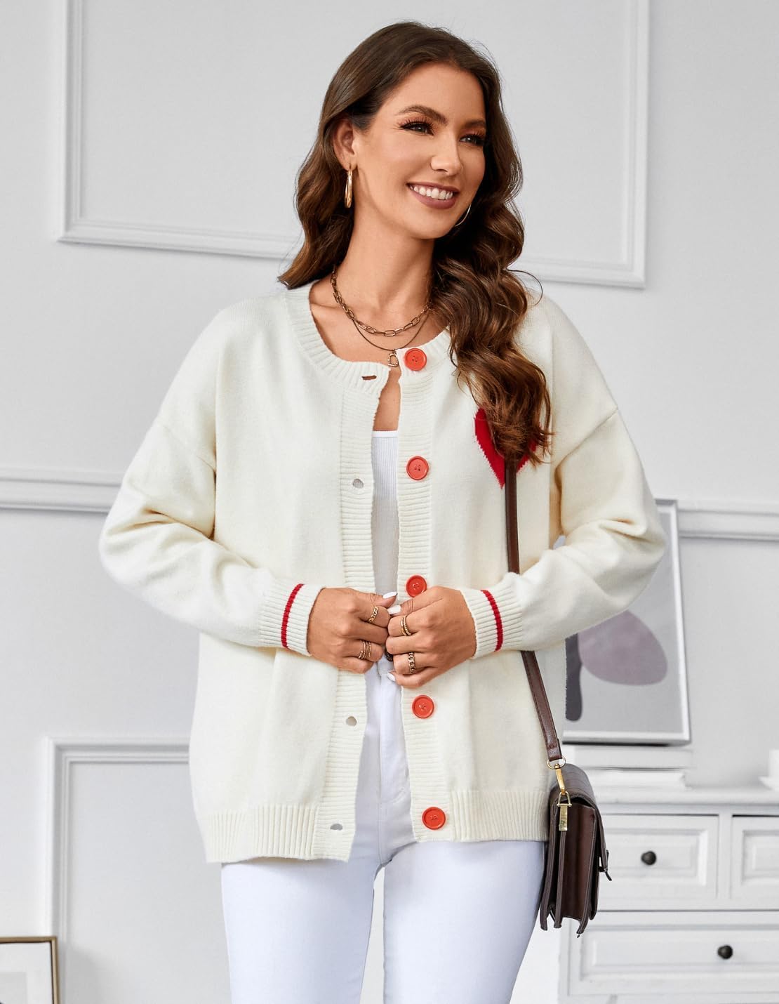 FindThy Women's Cute Cardigan Sweater Kawaii Love Heart Print Y2K Button Knitted Outerwear - Image 3