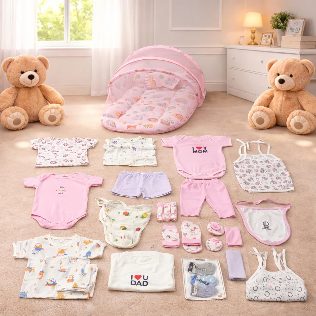BABY STATION Premium Newborn Baby Bedding Essentials | Complete Hospital Kit Combo | Daily Needs Baby Gift Set (0-6 Months) Multicolor (33 in 1 Pink (Pack Off 33))-image-7