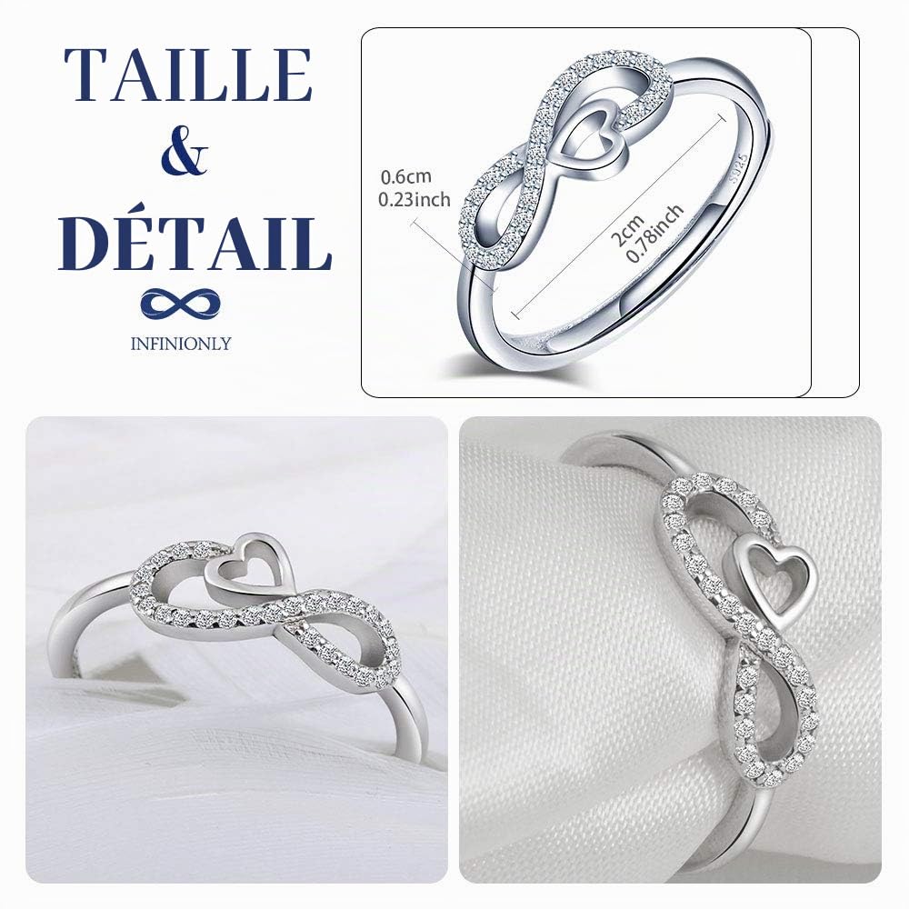 Bague ouverte en argent 925 pour femme fille, anneau de symbole de l'infini incrusté de zircon - Bague de mariage - Taille réglable - Cadeau d'anniversaire de Noël