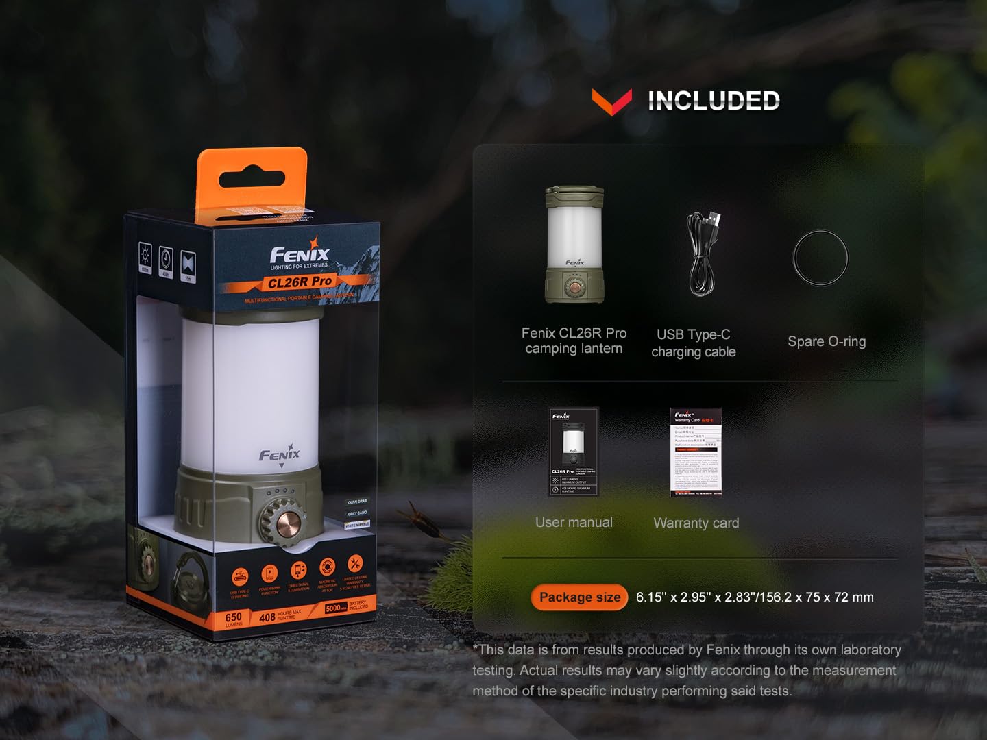 Fenix CL26R Pro Linterna de camping, camuflaje gris, 650 lúmenes brillante, recargable USB-C, compacta y portátil, perfecta para huracanes, emergencias, senderismo, cortes de energía con organizador