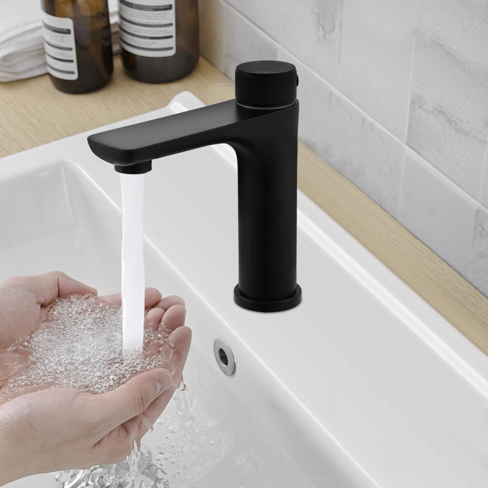 Rubinetto a infrarossi per bagno con sensore, rubinetto automatico da bagno senza contatto, per lavabo, bagno, cucina, lavandino a mano (nero)