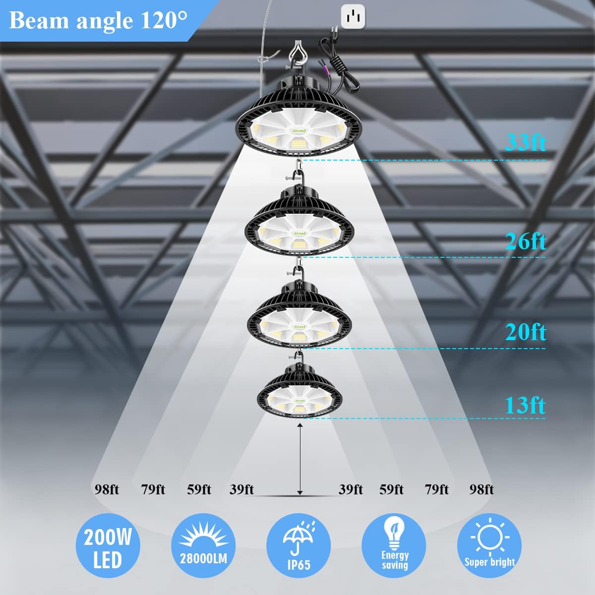Airand LED High Bay Light UFO Hanging Lamp 28000LM 5000K Shop Bay Lighting for Workshop with Plug UL Commercial Grade Hang High Bay LED Light for Warehouse Garage Factory Area Lighting Fixture