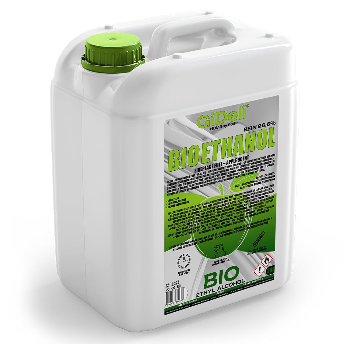 GiDeli Bioetanolo, profumo di mela, 20 l, 96,6% etanolo, per camini interni ed esterni, senza fumo e fuliggine, da mais e barbabietola da zucchero
