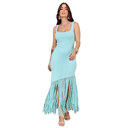 Vestido Feminino de Tricot Midi com Franjas Elegante Festas Natal e Ano Novo