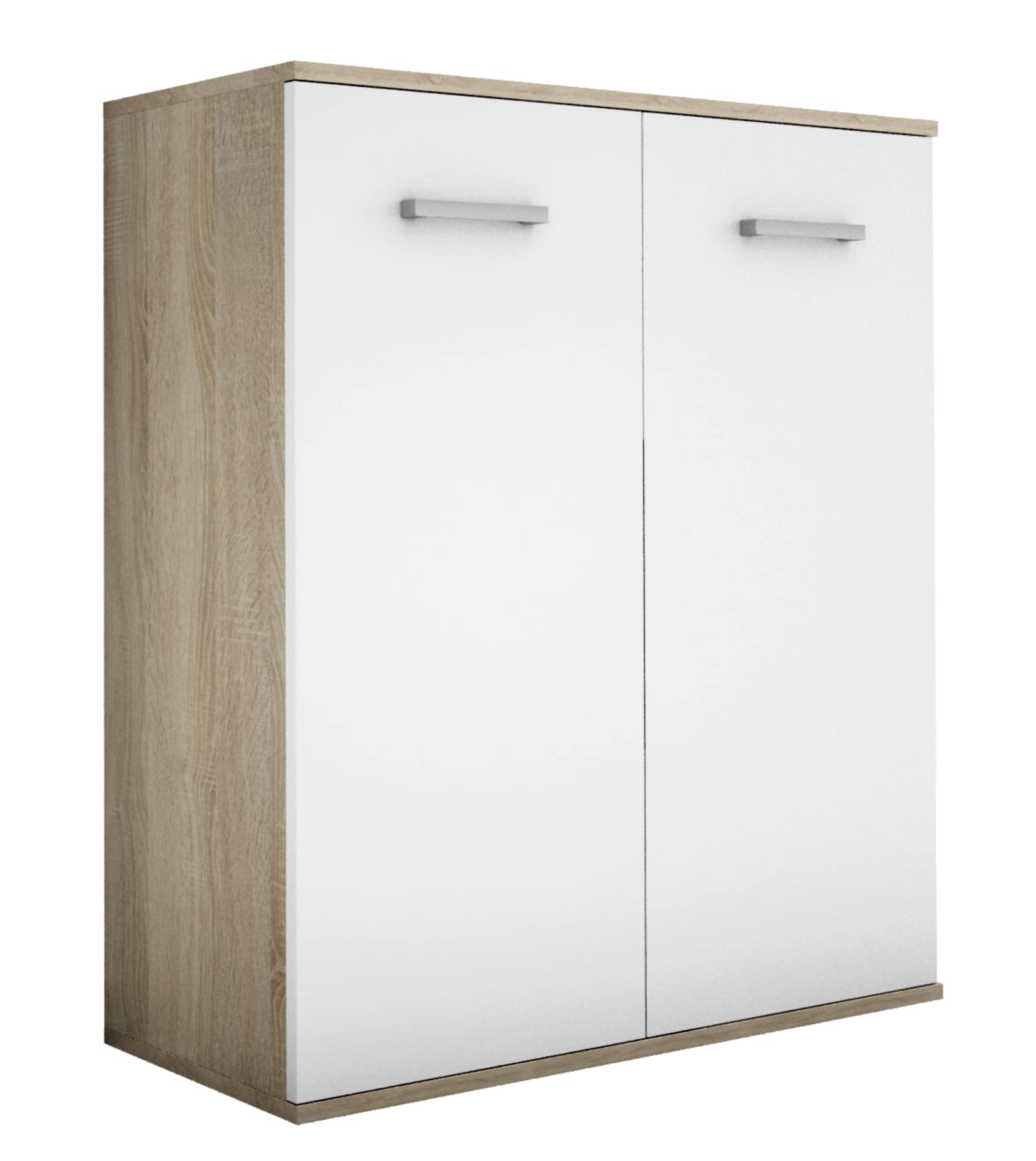3E 3xE living.com Komoda z 2 szufladami i drzwiami, Dąb Sonoma/biały, L: 75cm, H: 85cm, P: 33cm, Szafa do przechowywania, pokój dla dorosłych, kredens salon, komoda sypialnia, przechowywanie sypialni