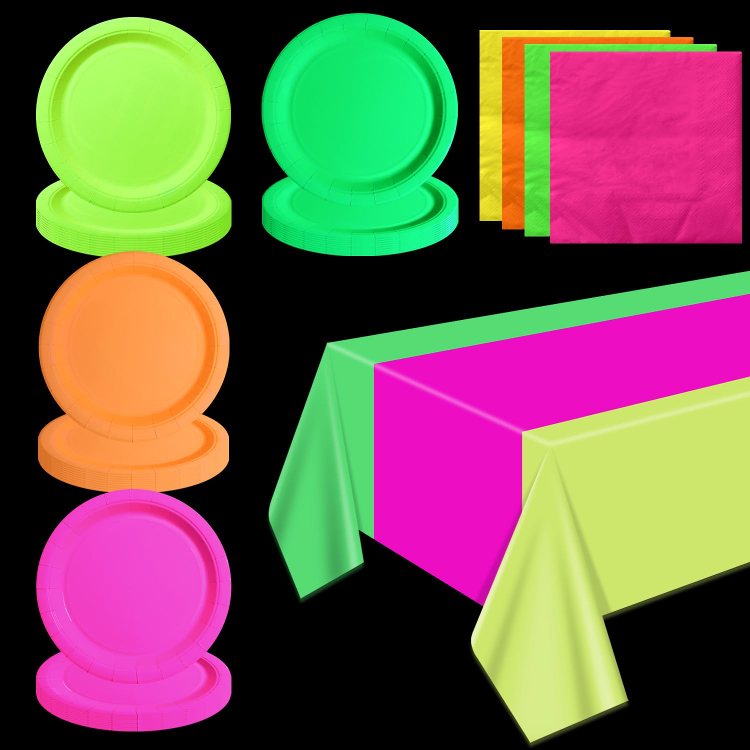Glow Party Supplies Plates Set for 20 Guests, Including Multi-color Tablecloth, Napkins and Plates for Glow Birthday Decorations Neon Party Decorations