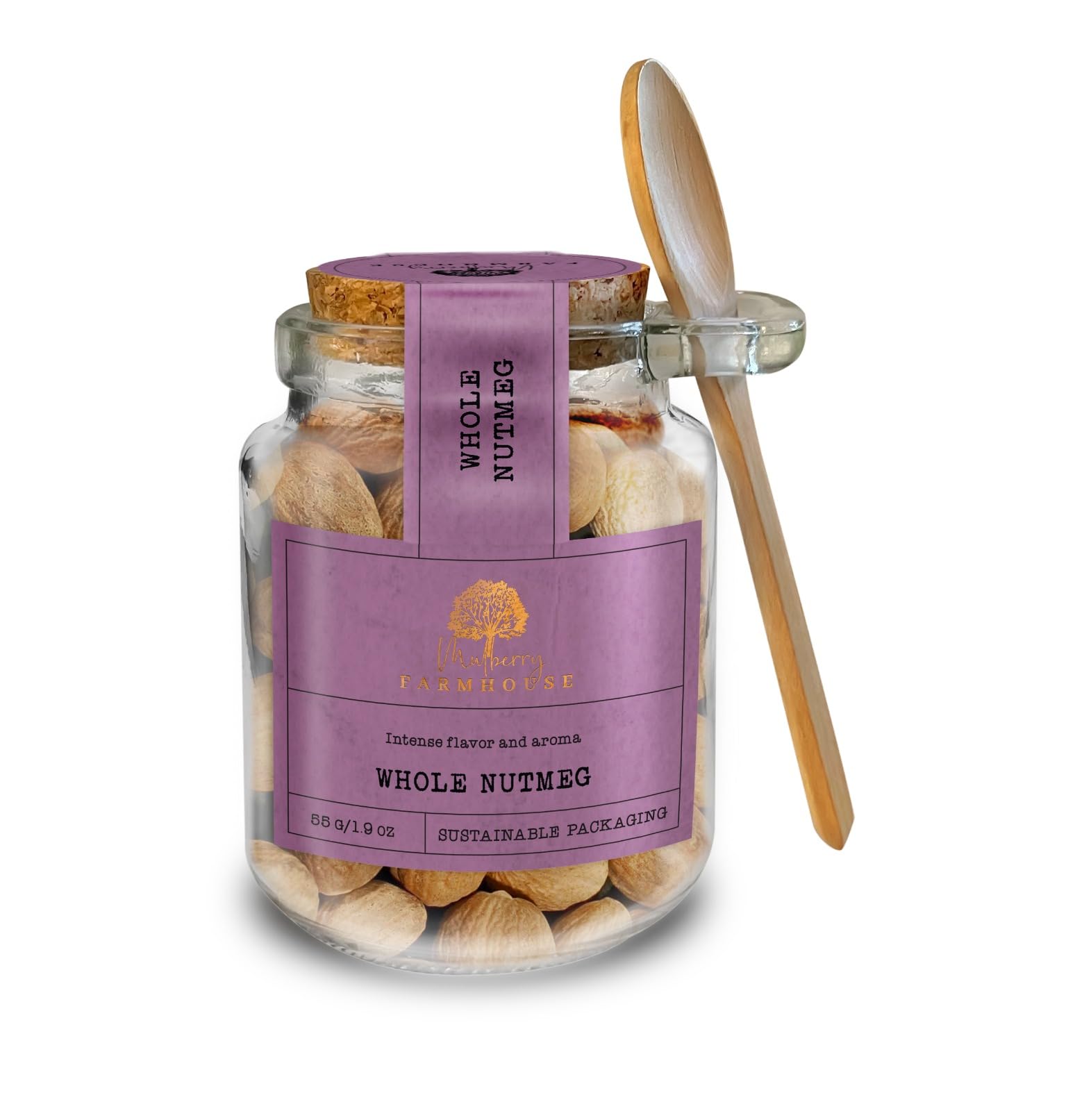 Silk Route Spice Company Transparent With Brown Lid Whole Nutmeg From Mulberry Farmhouse - Refillable Glass Jar With Cork Lid & Wooden Spoon - Reusable Spice Container For Kitchen Storage - Aromatic Spice For Baking & Cooking