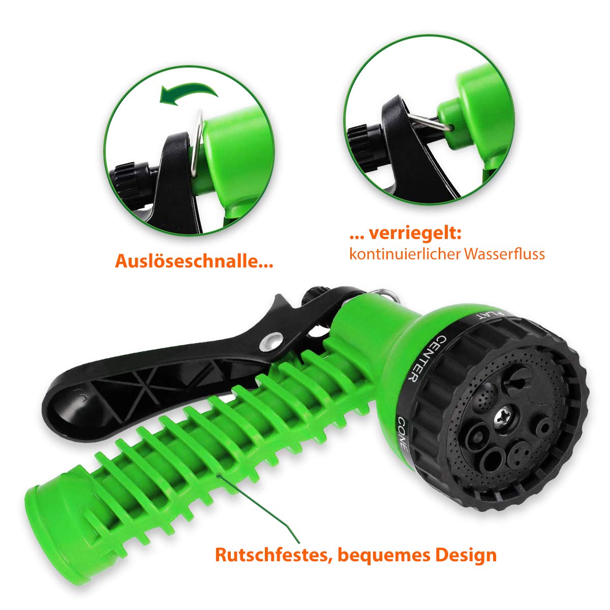 UC-Express Gartenschlauch Flexibel 60m - 200ft, Grün, Polyester, Dehnbar, Bewässerung, Multifunktionsbrause, Adapter, Platzsparend, Haus, Garten, Auto, Wohnmobile