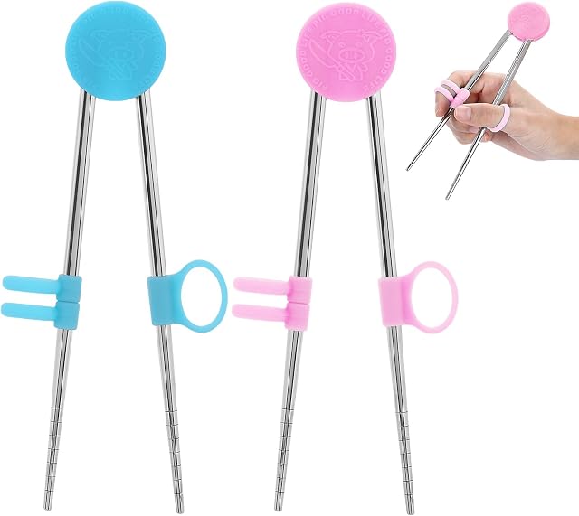 2 Pairs Training Chopsticks for Kids,Learning Chopsticks Helper Stainless Steel Kids Chopsticks Set for Chopstick Beginners (Pink + Blue)