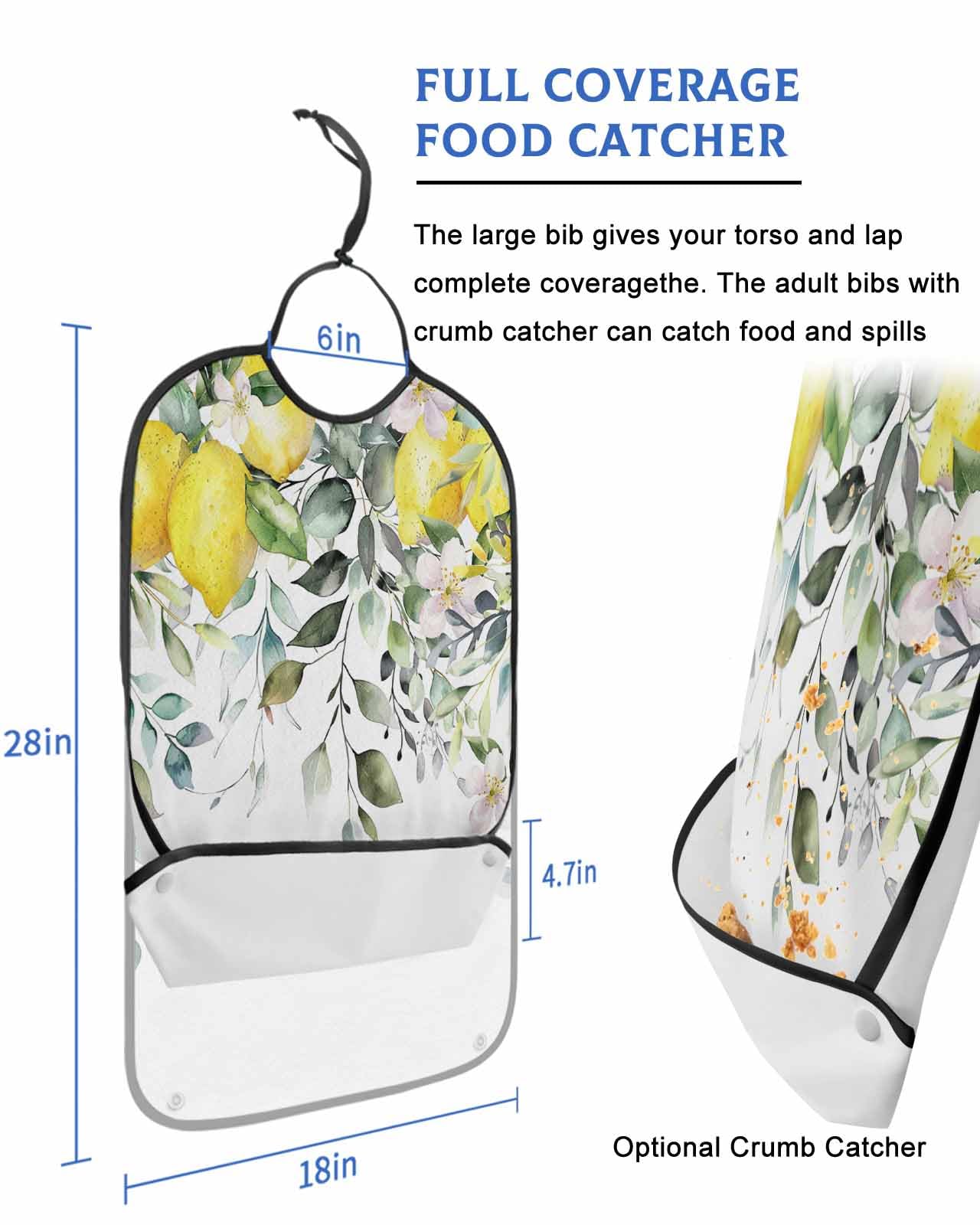 LEOKOTI Summer Lemon Adult Bibs for Eating, Waterproof Bibs with Food Catcher & Adjustable Snap Closure, Spring Floral Eucalyptus Leaves Botanical Washable Clothing Protectors Adult Bibs for Elderly