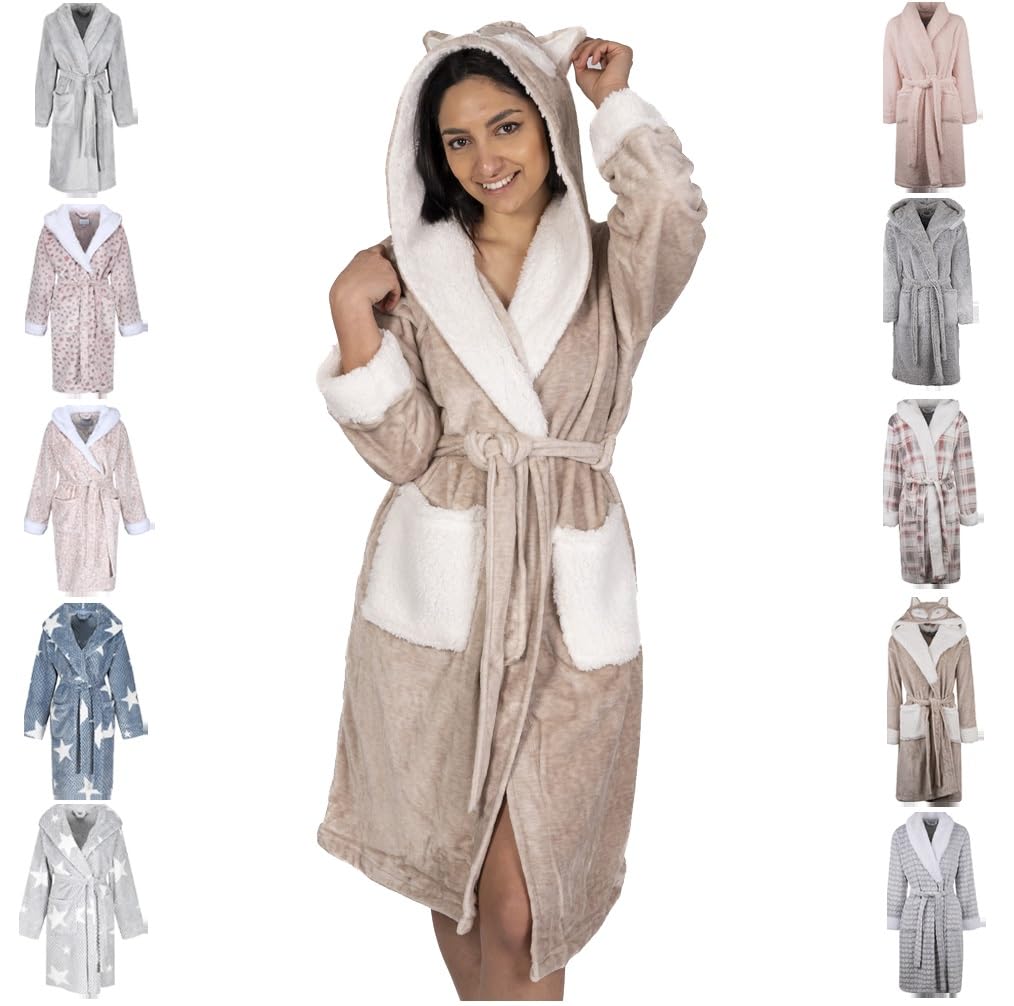Light & Shade Ladies Supersoft Fleece Dressing Gown Robe, Brown, L/XL