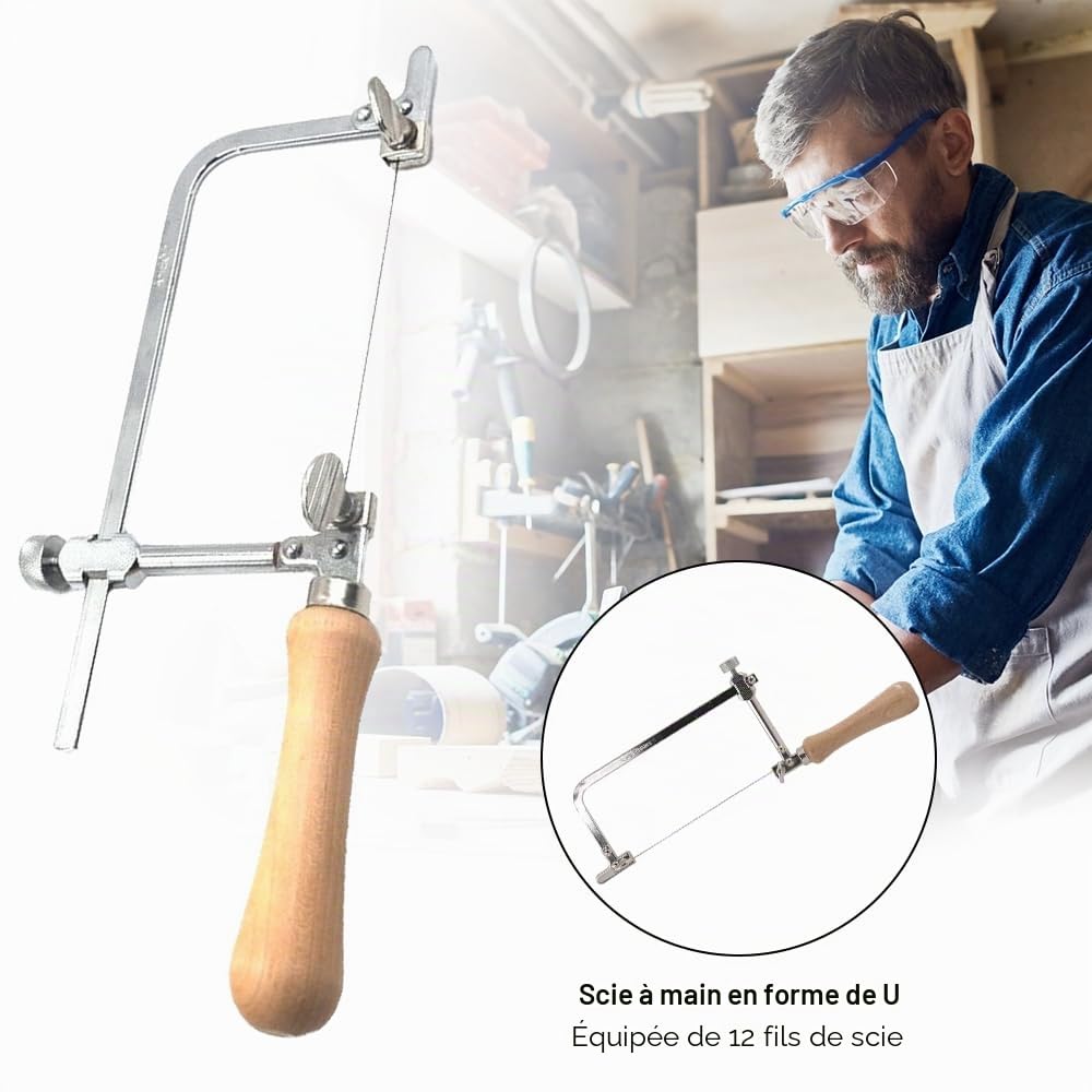 Scie à Chantourner à Cadre Réglable - Scie à Bijoux Manuelle pour Bois, Métal, Plastique - 12 Lames pour Coupe Précise
