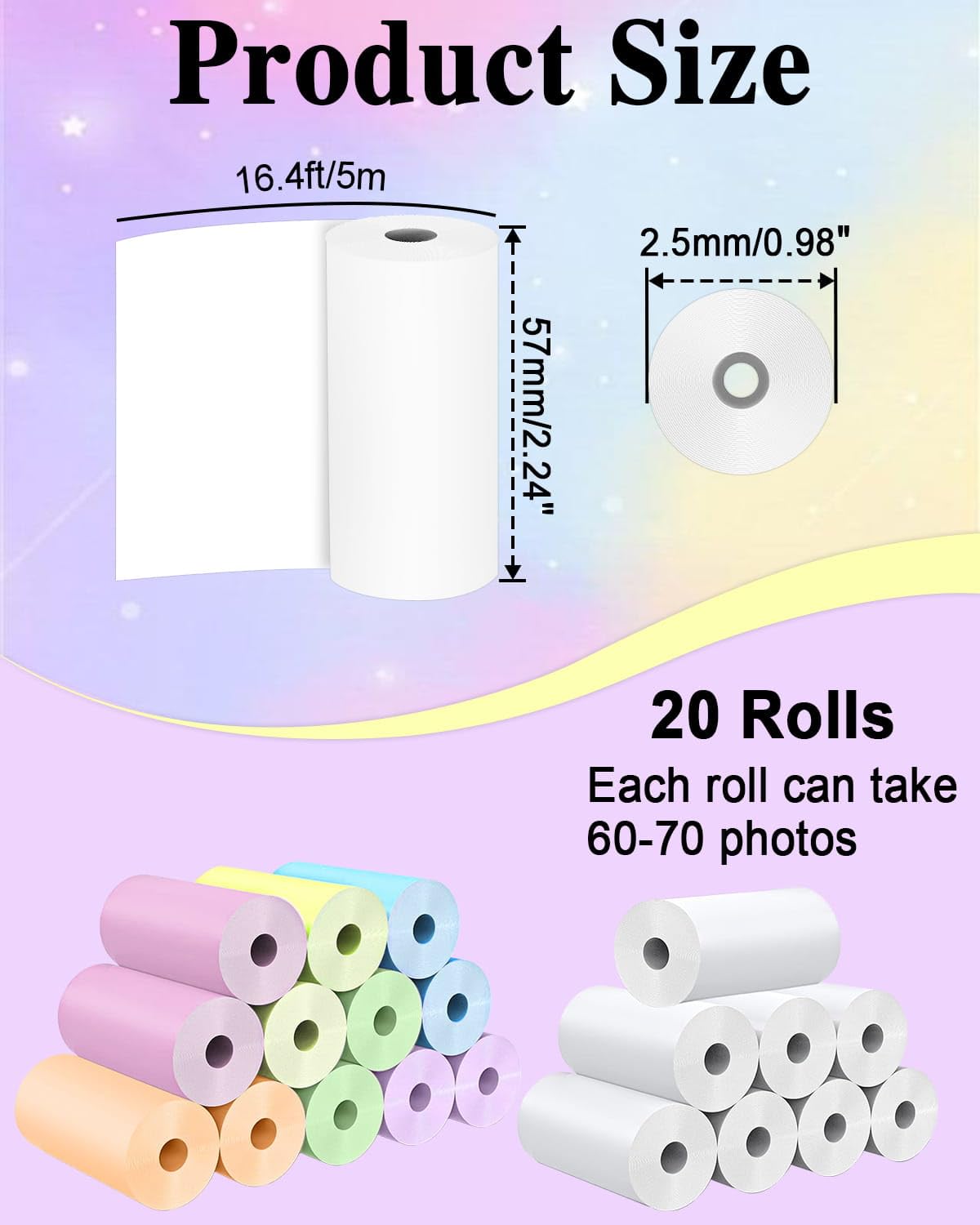 Lot de 20 rouleaux papier d'impression instantané Kidizoom HD 2,5 x 5,7 cm sans BPA