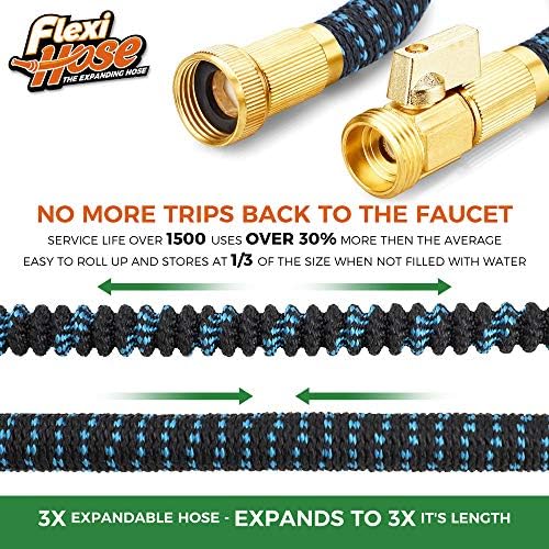 Flexi Hose Expandable Garden Hose with 8 Function Nozzle, 50FT - Lightweight Retractable Garden Hose, Water Hose - No-Kink Flexibility, 3/4 Inch Solid Brass Fittings and Double Latex Core - 1