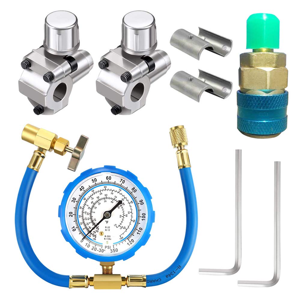 Vankcp Bpv31 Bullet Piercing Tap Valve Kit Compatible with 1/4, 5/16, 3/8 Inch Outer Diameter Pipes R134A Air Conditioning Refrigerant Charging Hose with Gauge-10 Pcs Car Air Conditioner Recharge Kit