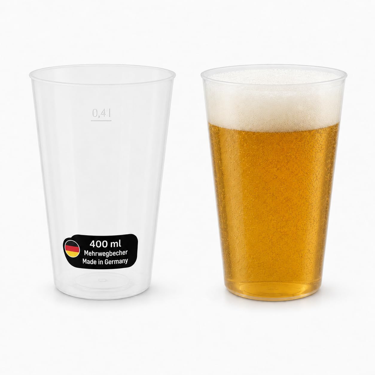 50 Mehrwegbecher 400ml Made in Germany | Getränkebecher mit Eichstrich | wiederverwendbar | Transparent aus PP | Trinkbecher 0,4l | Bierbecher | Partybecher