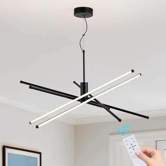 Modern Black Sputnik Chandelier 5-Light Linear LED Pendant Light with Remote Control Dimmable 68W Adjustable Length 35 4