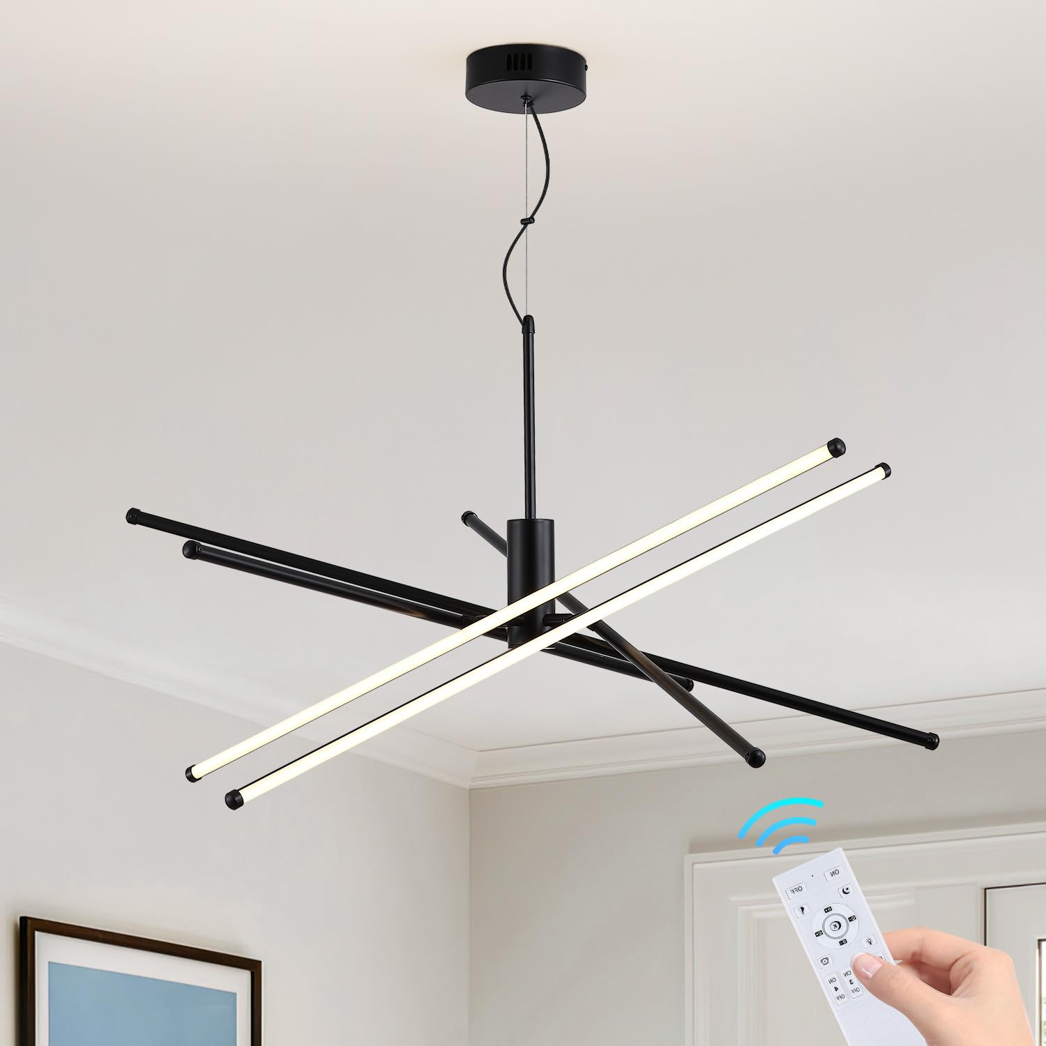 Modern Black Sputnik Chandelier 5-Light Linear LED Pendant Light with Remote Control Dimmable 68W Adjustable Length 35 4