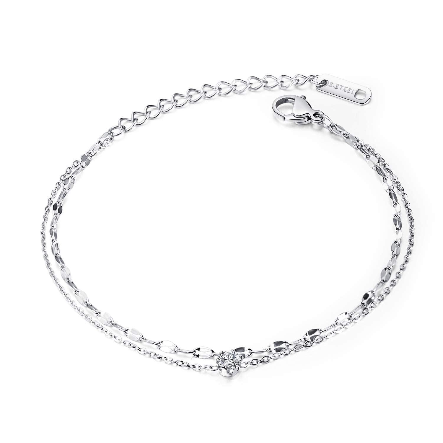 ブレスレット レディース シルバー シンプルファッション チタン ジルコニアcz 2連ブレスレット 幅4㎜ 20 cm 上品 腕輪 誕生日 恋人 人気 プレゼント