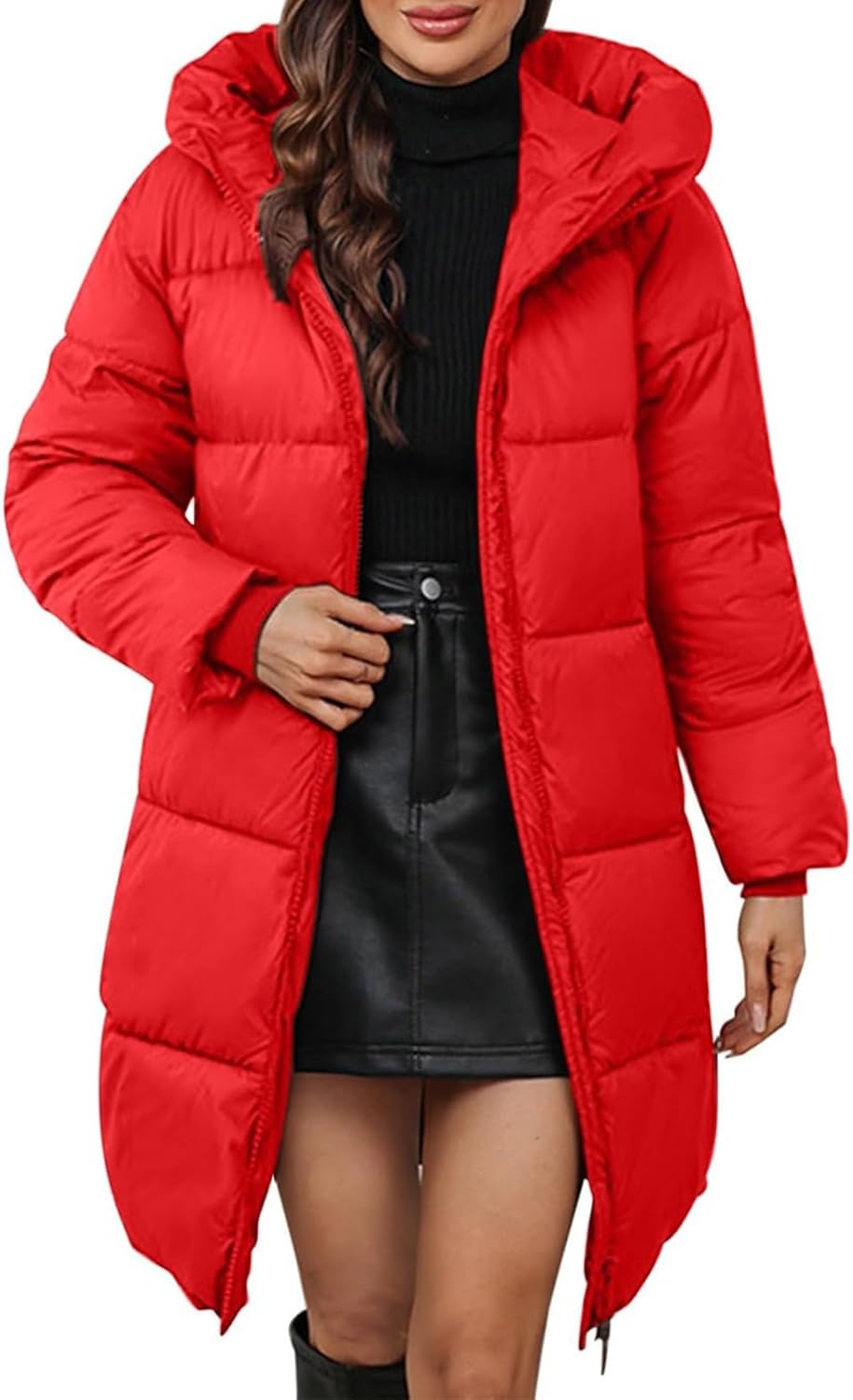 Women's Long Puffer Jacket Full Zip Lightweight Quilted Jacket Winter Warm Down Coat Thickened Puffy Parka with Hood