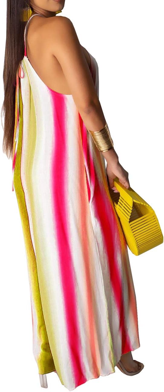 BestGirl Women's Casual Loose Plus Size Jumpsuits Stripe Print Spaghetti Strap Wide Leg Pants with Pockets - Image 2