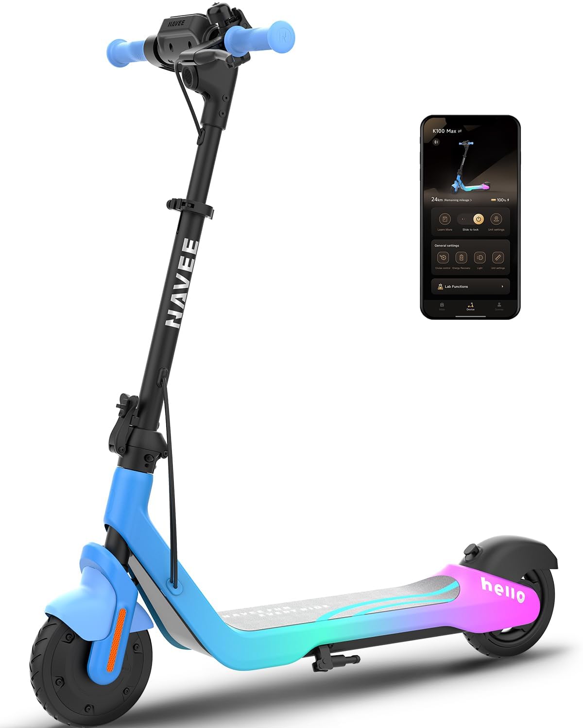 NAVEE K100 Serie Patinete Eléctrico para Niños, Control Parental vía App, Autonomy 14-24km, 3 Modos de Velocidad 16km/h, Luces RGB, Neumáticos Macizos 7", Plegable y Ajustable 6-14 Años