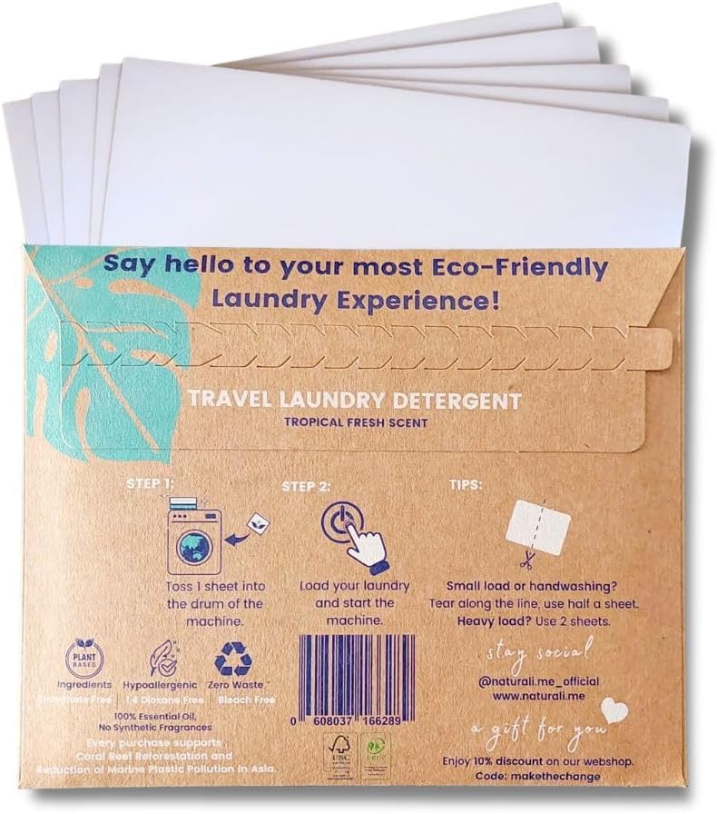 “Naturali Eco Travel Laundry Detergent Sheets – 5-Pack: Compact, Convenient, Cruise Ship Essentials; Sink & Hand Wash Soap; Must-Have for International & European Travel